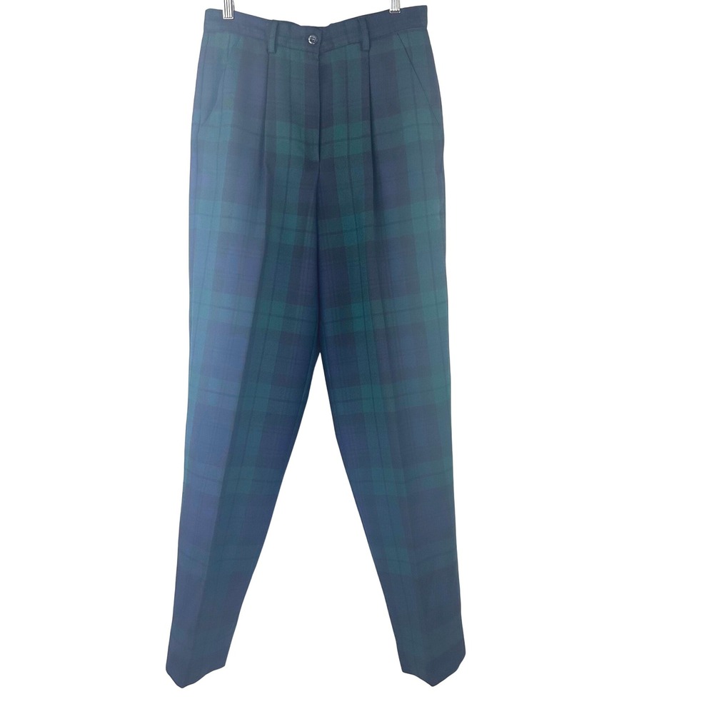 DKNY Jeans Vintage 100% Wool Plaid Pleated Trousers Green Navy Lined Womens 8